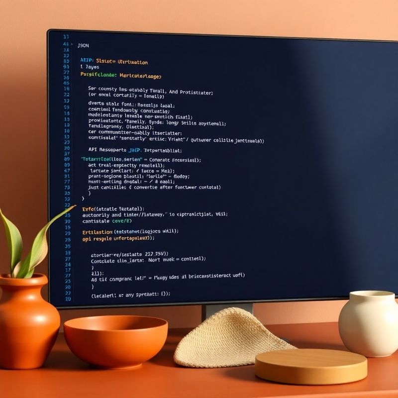 Console sviluppatore con snippet di codice e risposta JSON su sfondo indigo